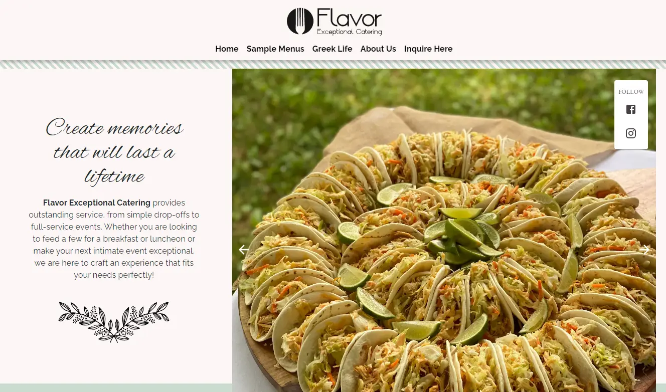 screenshot of flavor catering website